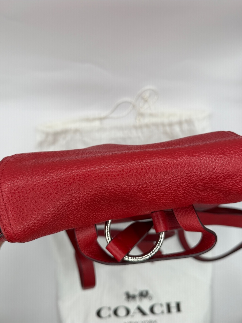 Coach Red Pebbled Leather Drawstring Backpack with Front Pockets - Picture 7 of 16